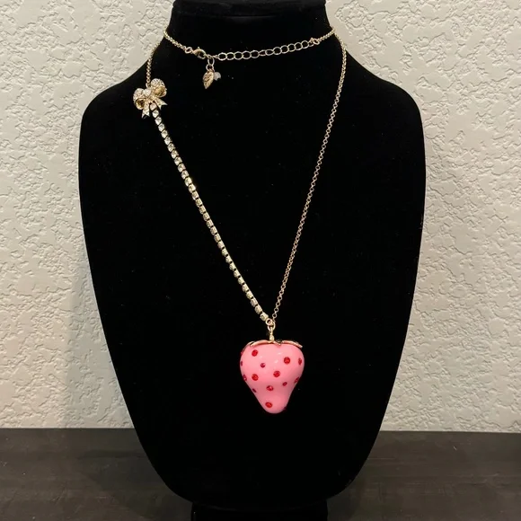 Betsey Johnson Pink Strawberry Red Rhinestone Long Necklace Gold Tone - Picture 8 of 9